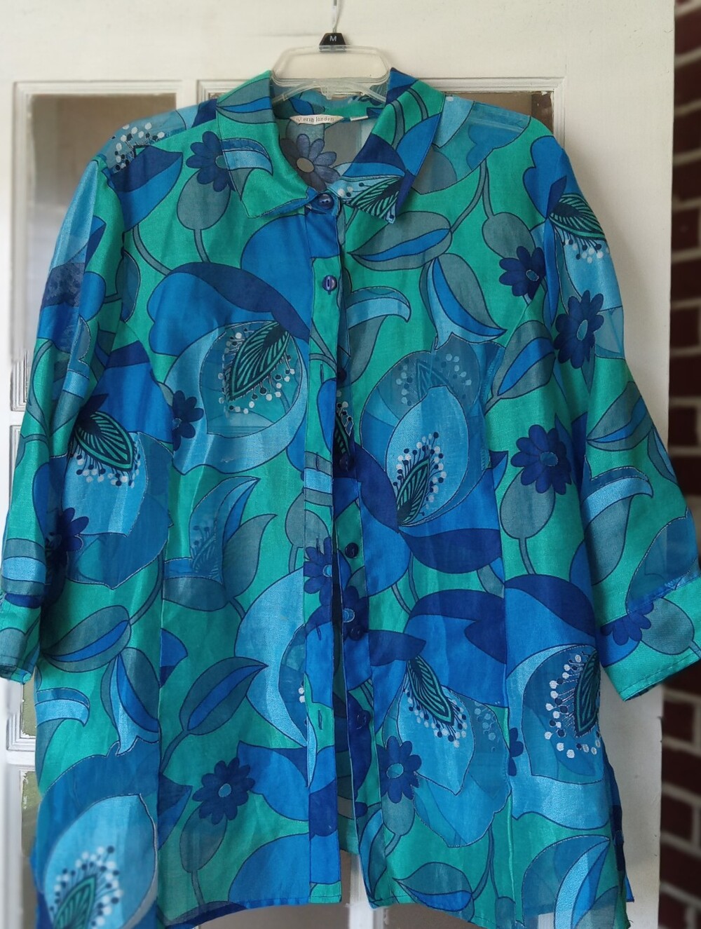 Erin London Vintage Semi Sheer Watercolor Floral Button Up Blouse 1X